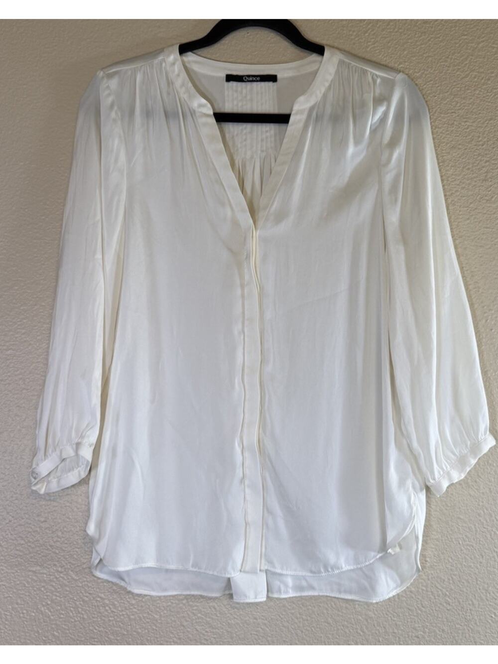 Quince Silk Blend Blouse S Ivory Pleat V-Neck Washable Business Casual
